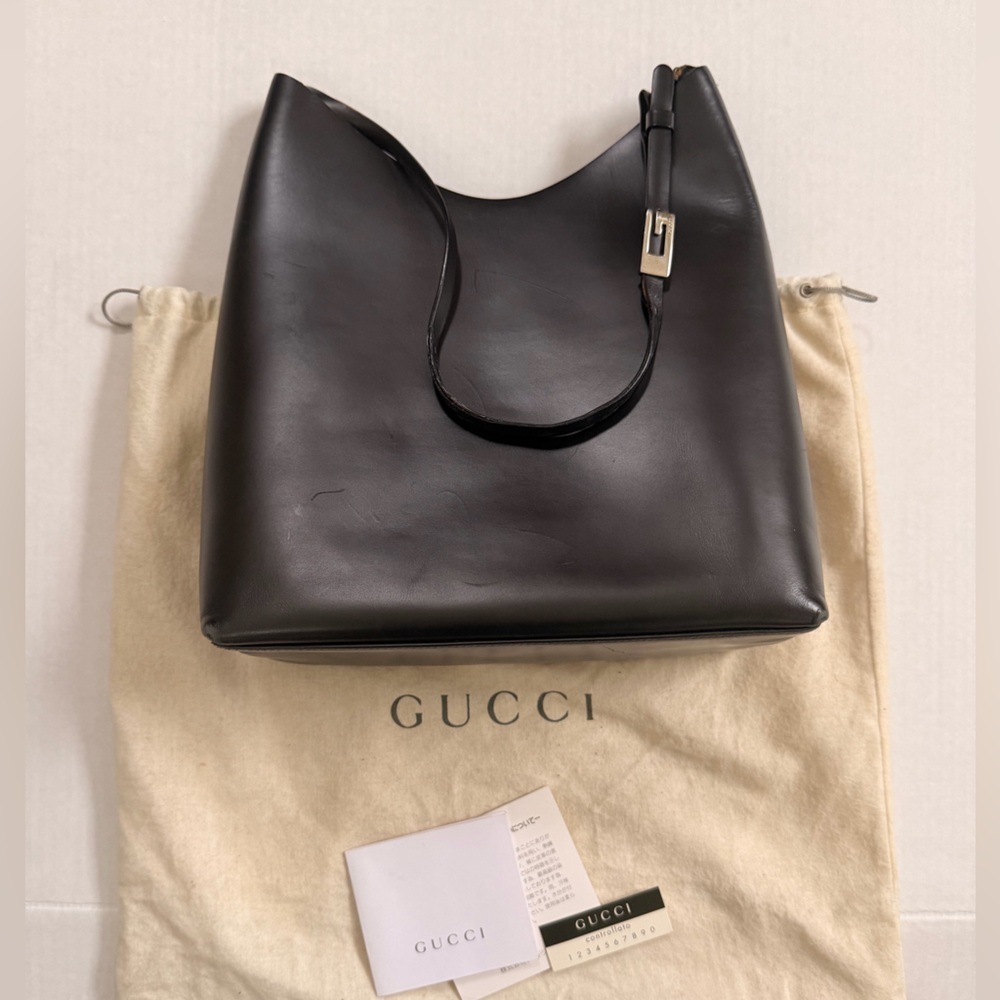 Vintage Gucci Black Leather G logo Buckle Hobo Bag with Attached Mini Bag
